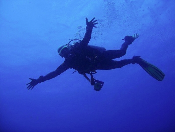 Diver at High Rock Mergui Archipelago Myanmar Burma no troubles just bubbles